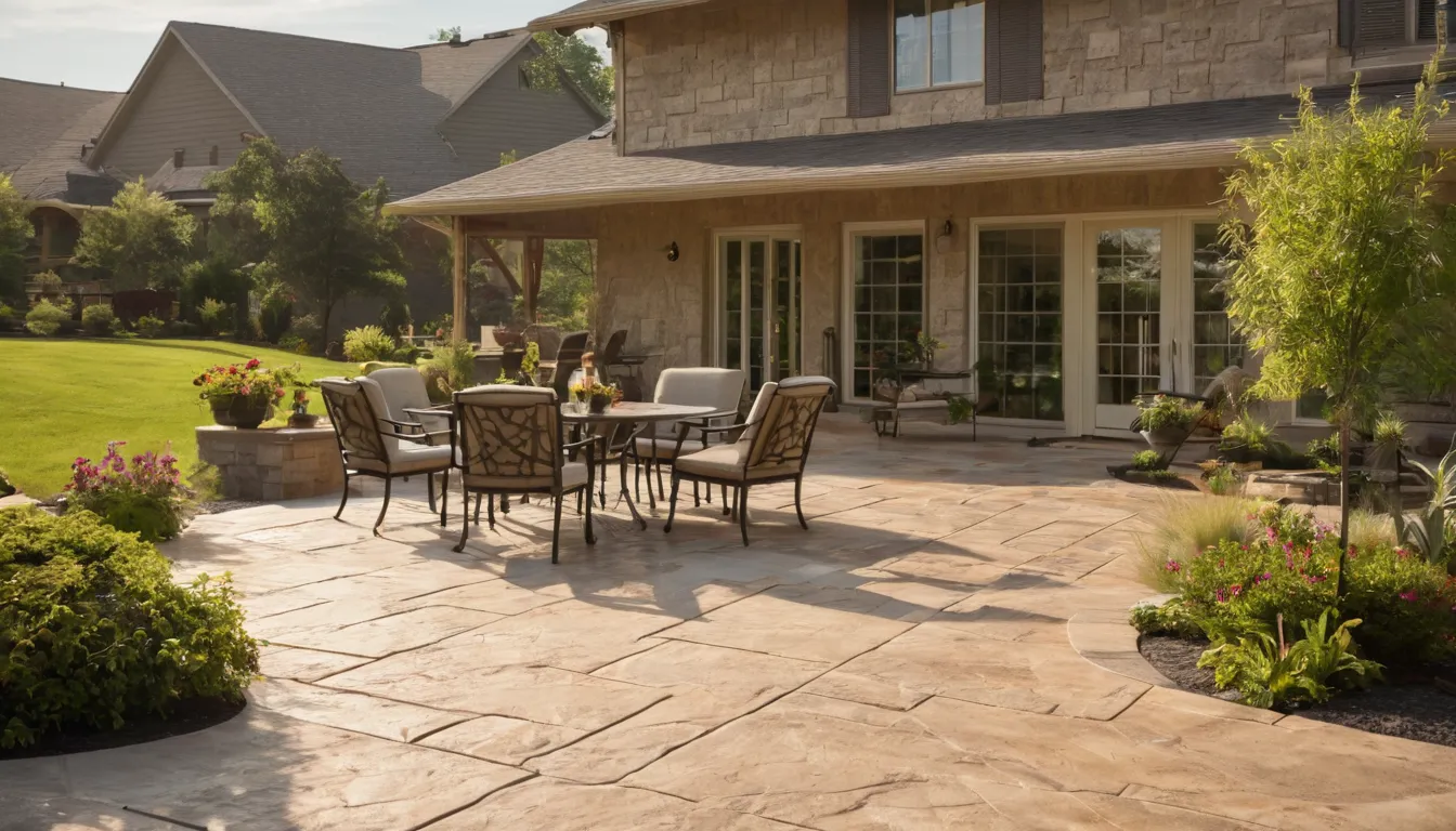 A stamped concrete patio behind a ranch home in the Ypsilanti area